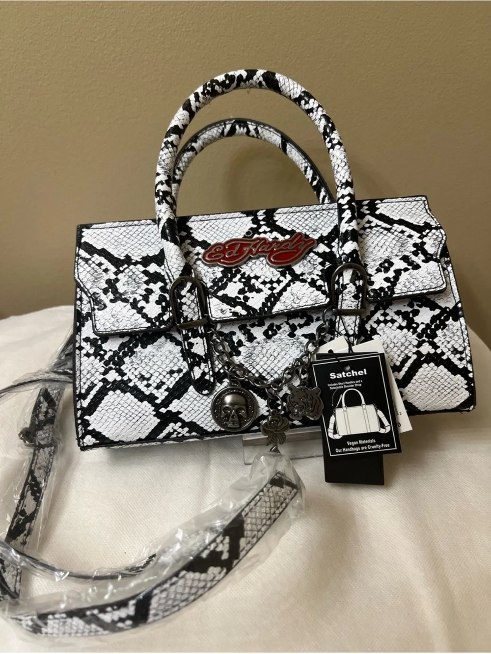 Ed Hardy Black & White Snake-Print Satchel with Charms